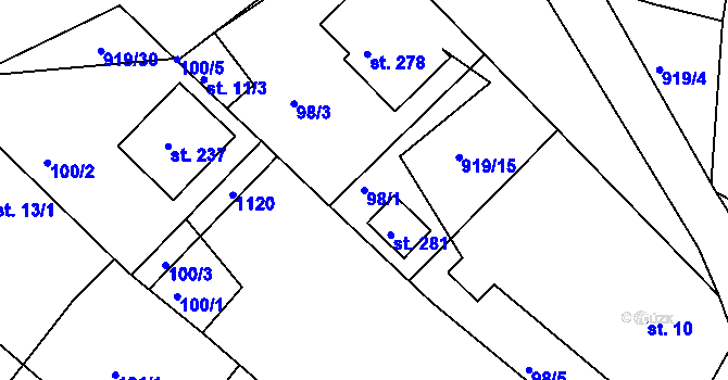 Parcela st. 98/1 v KÚ Živanice, Katastrální mapa