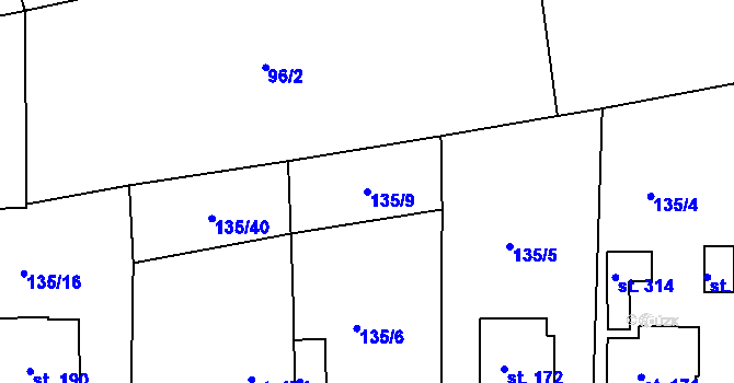 Parcela st. 135/9 v KÚ Živanice, Katastrální mapa