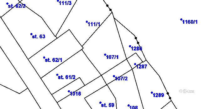 Parcela st. 107/1 v KÚ Končice, Katastrální mapa