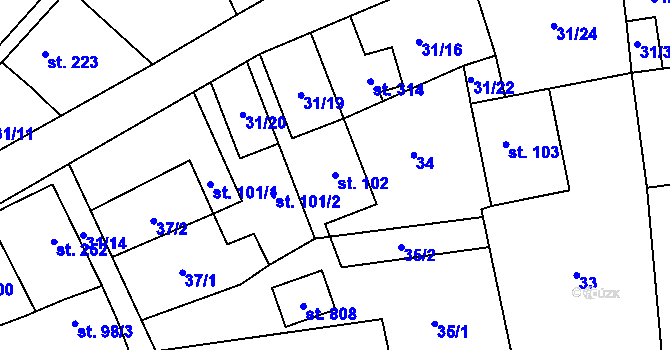 Parcela st. 102 v KÚ Žleby, Katastrální mapa