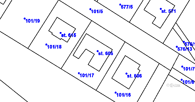 Parcela st. 605 v KÚ Žleby, Katastrální mapa