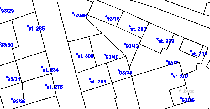 Parcela st. 93/40 v KÚ Žleby, Katastrální mapa
