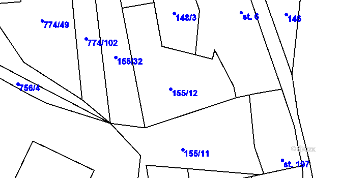Parcela st. 155/12 v KÚ Žleby, Katastrální mapa