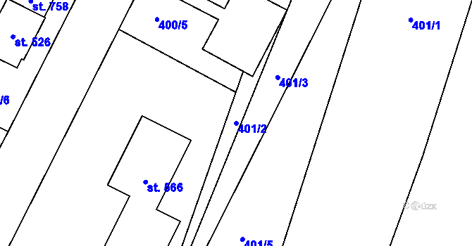 Parcela st. 401/2 v KÚ Žleby, Katastrální mapa