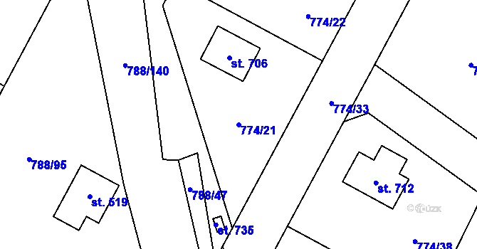 Parcela st. 774/21 v KÚ Žleby, Katastrální mapa