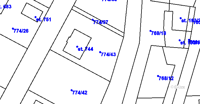 Parcela st. 774/43 v KÚ Žleby, Katastrální mapa