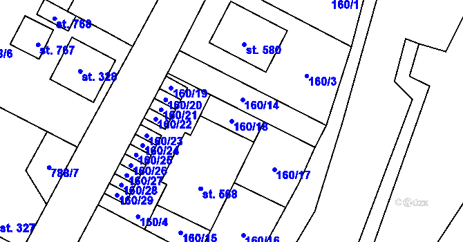 Parcela st. 160/18 v KÚ Žleby, Katastrální mapa