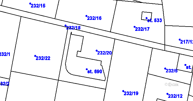 Parcela st. 232/20 v KÚ Žloukovice, Katastrální mapa