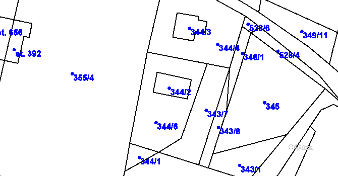 Parcela st. 344/2 v KÚ Žloukovice, Katastrální mapa