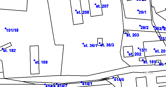 Parcela st. 36/1 v KÚ Žlunice, Katastrální mapa