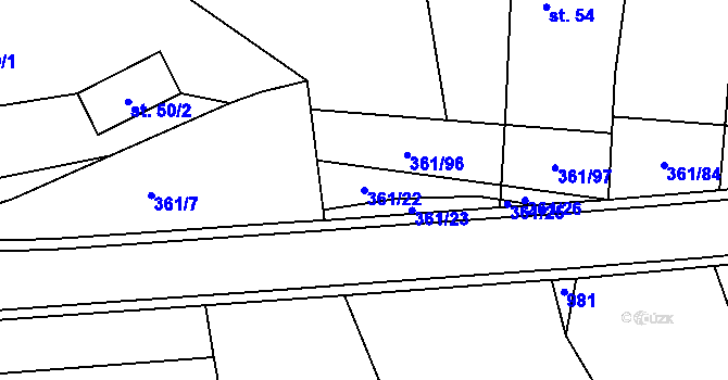 Parcela st. 361/22 v KÚ Žlunice, Katastrální mapa