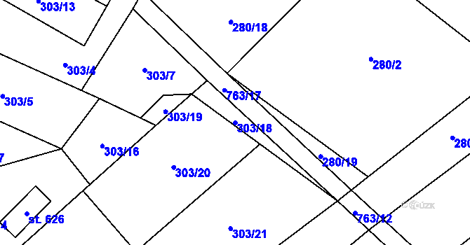 Parcela st. 303/18 v KÚ Žlutava, Katastrální mapa
