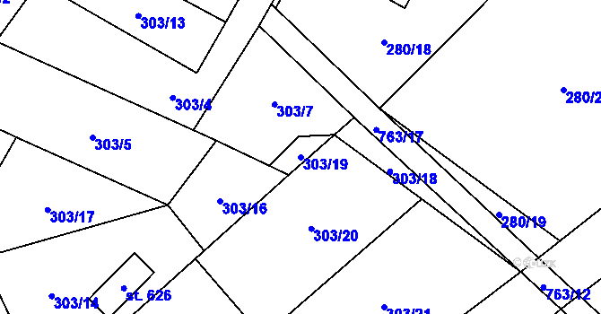 Parcela st. 303/19 v KÚ Žlutava, Katastrální mapa