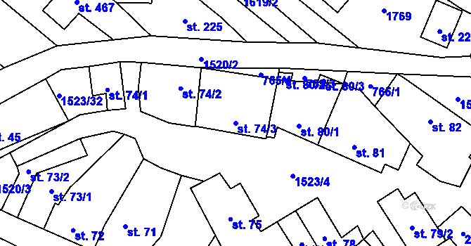 Parcela st. 74/3 v KÚ Žlutava, Katastrální mapa