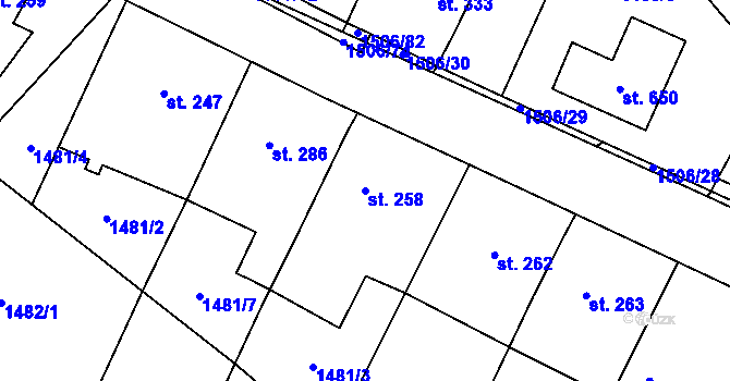 Parcela st. 258 v KÚ Žlutava, Katastrální mapa