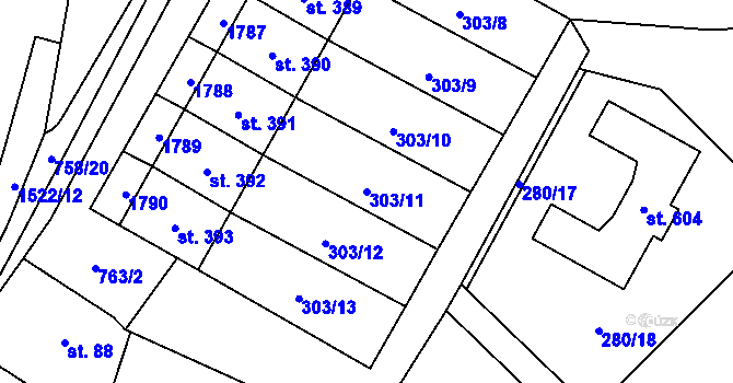 Parcela st. 303/11 v KÚ Žlutava, Katastrální mapa