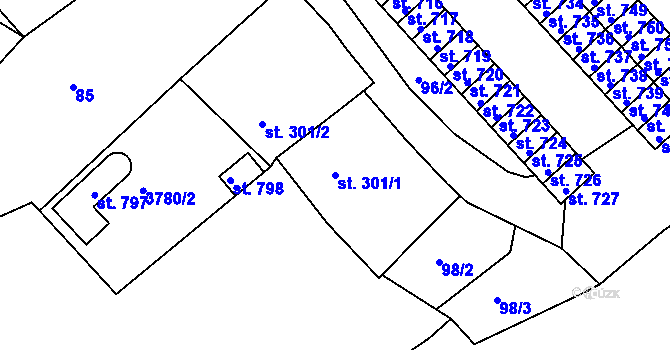 Parcela st. 301/1 v KÚ Žlutice, Katastrální mapa