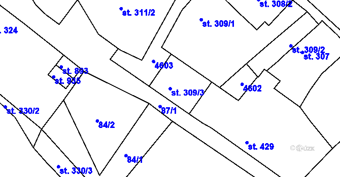 Parcela st. 309/3 v KÚ Žlutice, Katastrální mapa