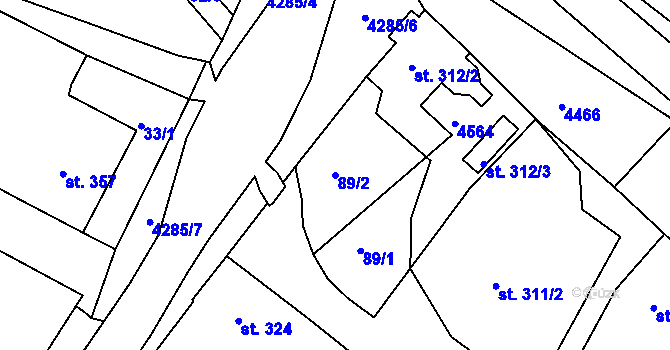 Parcela st. 89/2 v KÚ Žlutice, Katastrální mapa