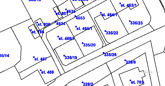 Parcela st. 335/20 v KÚ Žlutice, Katastrální mapa