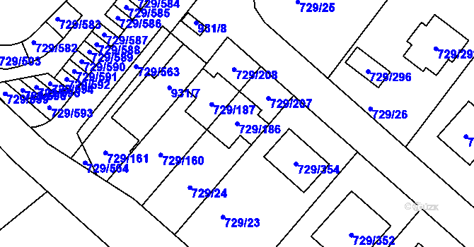 Parcela st. 729/186 v KÚ Podlázky, Katastrální mapa