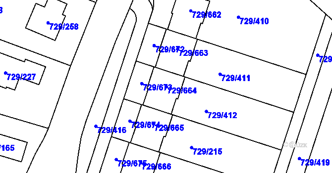 Parcela st. 729/664 v KÚ Podlázky, Katastrální mapa