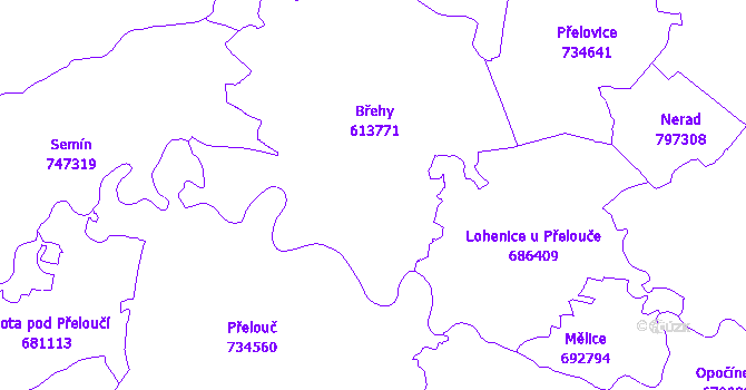 Katastrální mapa Břehy