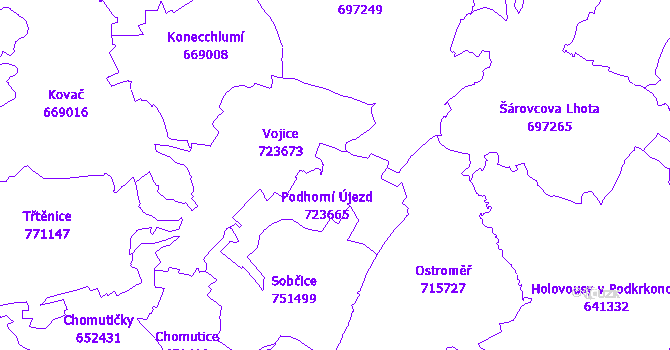 Katastrální mapa Podhorní Újezd a Vojice