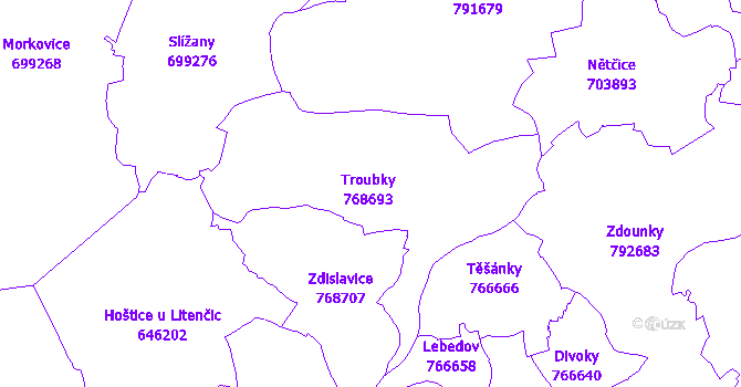 Katastrální mapa Troubky-Zdislavice