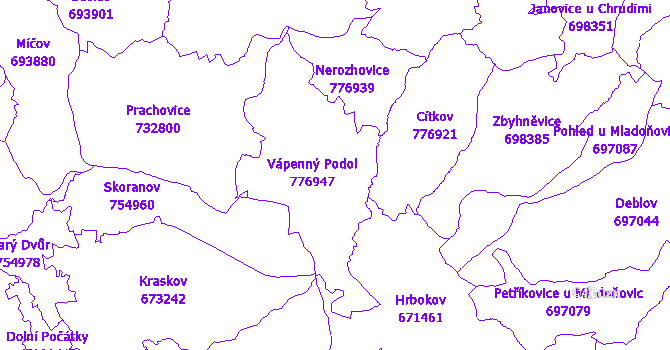 Katastrální mapa Vápenný Podol
