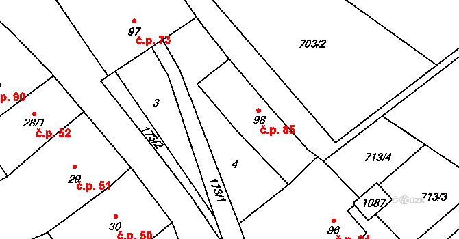 Hluchov 85 na parcele st. 98 v KÚ Hluchov, Katastrální mapa