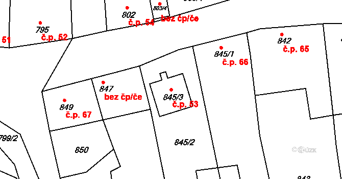 Oleksovice 53 na parcele st. 845/3 v KÚ Oleksovice, Katastrální mapa