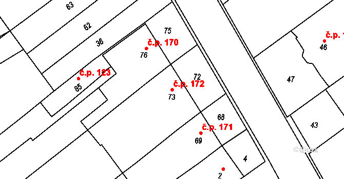 Prosenice 172 na parcele st. 73 v KÚ Proseničky, Katastrální mapa