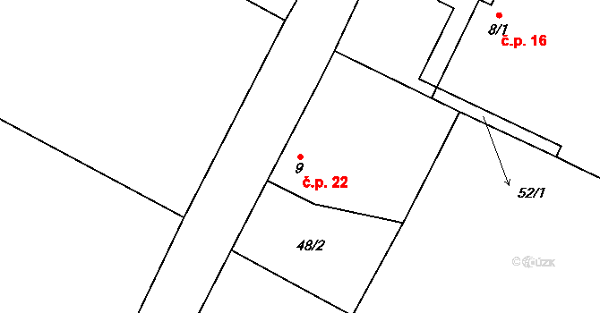 Pucheř 22, Kluky na parcele st. 9 v KÚ Pucheř, Katastrální mapa