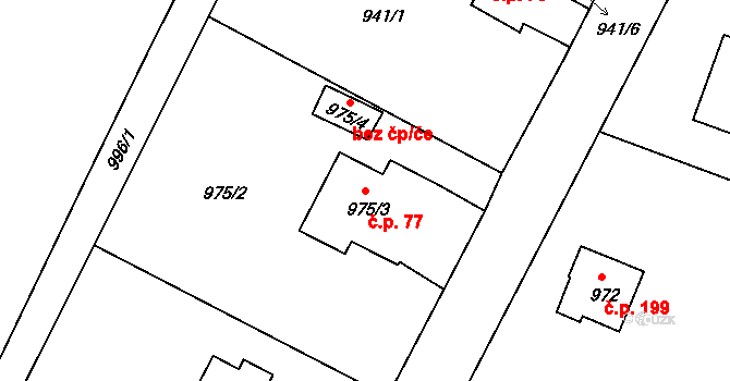 Lyžbice 77, Třinec na parcele st. 975/3 v KÚ Lyžbice, Katastrální mapa