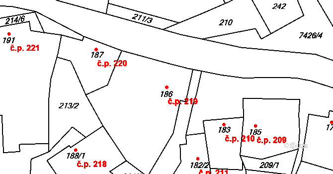 Dambořice 219 na parcele st. 186 v KÚ Dambořice, Katastrální mapa