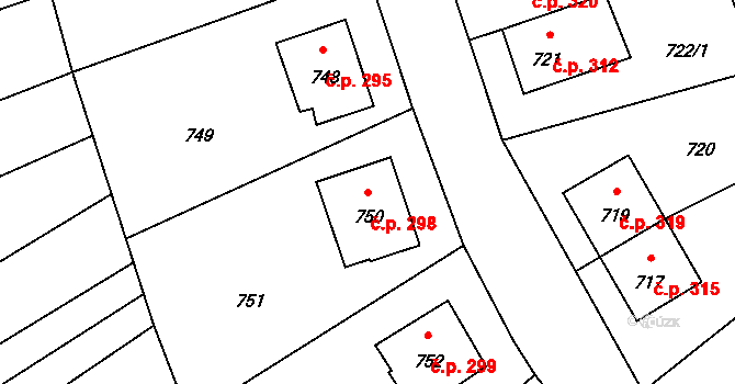 Stonařov 298 na parcele st. 750 v KÚ Stonařov, Katastrální mapa