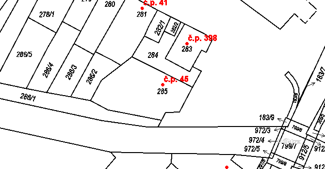 Šaratice 45 na parcele st. 285 v KÚ Šaratice, Katastrální mapa