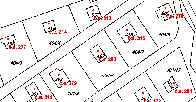 Třebsín 283, Krňany na parcele st. 487 v KÚ Třebsín, Katastrální mapa