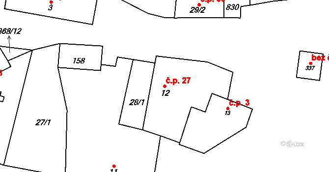 Vodochody 27, Straškov-Vodochody na parcele st. 12 v KÚ Vodochody, Katastrální mapa