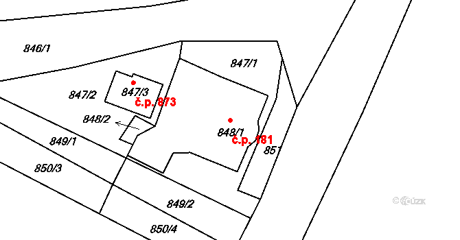 Planá nad Lužnicí 181 na parcele st. 848/1 v KÚ Planá nad Lužnicí, Katastrální mapa