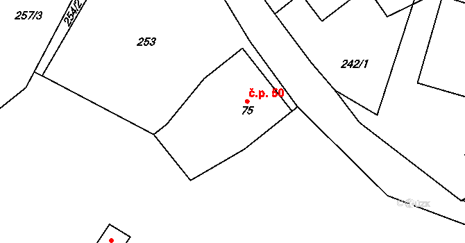 Litice nad Orlicí 50, Záchlumí na parcele st. 75 v KÚ Litice nad Orlicí, Katastrální mapa