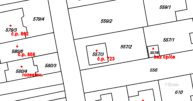 Chrlice 723, Brno na parcele st. 557/3 v KÚ Chrlice, Katastrální mapa