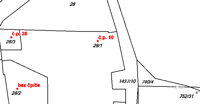 Lhota pod Horami 10, Temelín na parcele st. 28/1 v KÚ Lhota pod Horami, Katastrální mapa