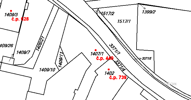 Pelhřimov 449 na parcele st. 1407/1 v KÚ Pelhřimov, Katastrální mapa