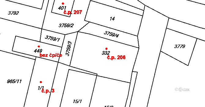 Bruzovice 206 na parcele st. 332 v KÚ Bruzovice, Katastrální mapa