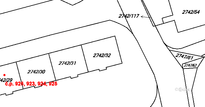 Hostivař 923,924,925,926, Praha na parcele st. 2742/32 v KÚ Hostivař, Katastrální mapa