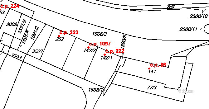 Rosice 222 na parcele st. 142/1 v KÚ Rosice u Brna, Katastrální mapa