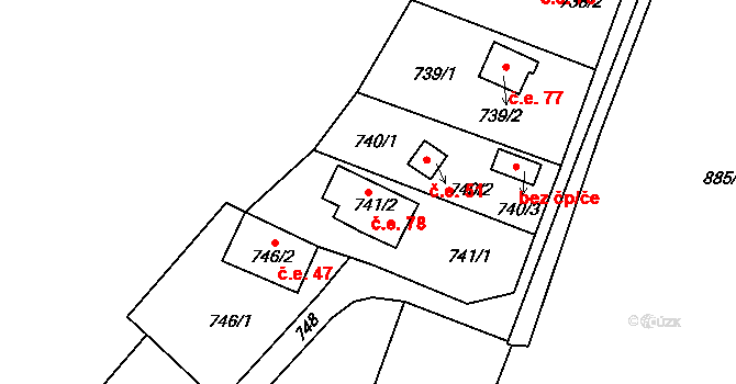 Křimice 78, Plzeň na parcele st. 741/2 v KÚ Křimice, Katastrální mapa