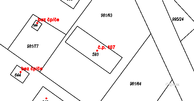 Bělušice 107 na parcele st. 593 v KÚ Bělušice, Katastrální mapa